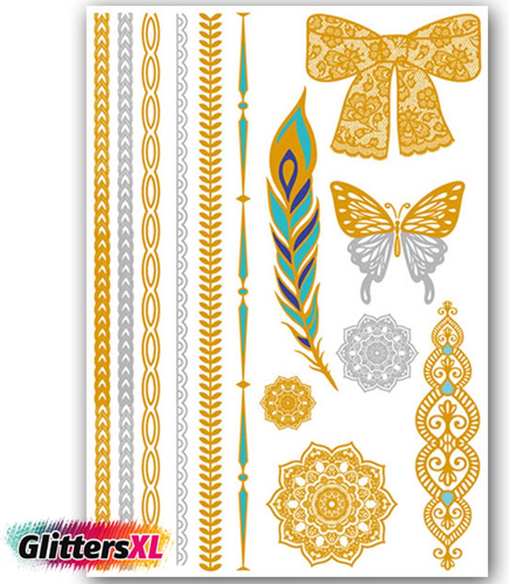 GlittersXL - Temporary Tattoo Goud/Gold (11x6cm) [Neptattoo Ibiza Turquoise - Tijdelijke tatoeage - Nep Fake Tattoos - Water overdraagbare festival sticker henna outfit tattoo - Glitter tattoo - Volwassenen Kinderen Jongen Meisje]